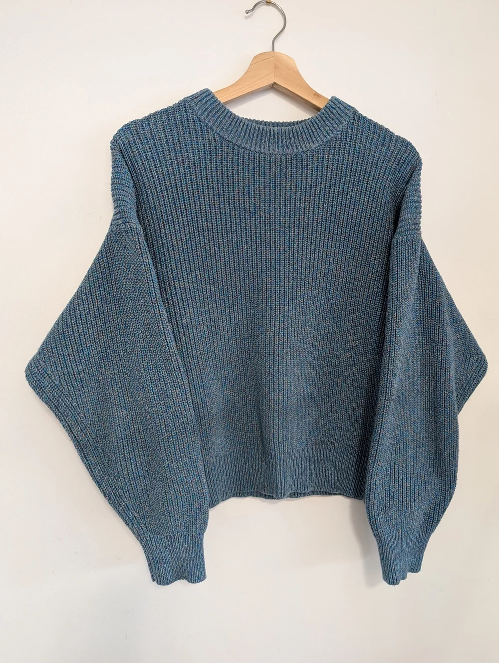 Uniqlo Small Boxy Sweater Crew Neck Grey Blue Wide Arm Cotton Knit Long Sleeve - Picture 10 of 16